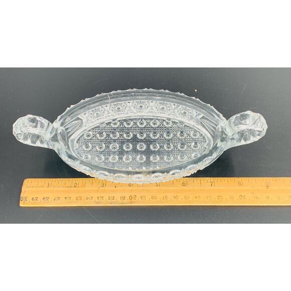 Imperial Glass Clear Dish Relish Nucut 2 Handle Small Oval Star Daisy Button 495 - Picture 9 of 11